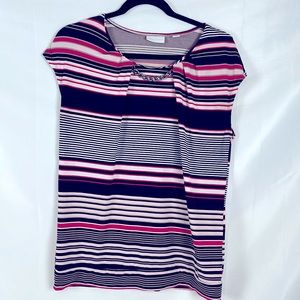 New York & Company Short Sleeve Round-Neck Strip Top Pink & Black Women Size M